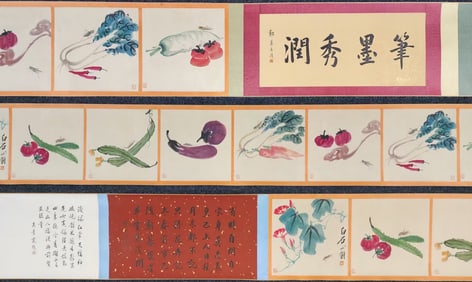 A Chinese Hand Scroll Ink Painting of Insect,Vegetables and Fruits on Paper,Qi Baishi