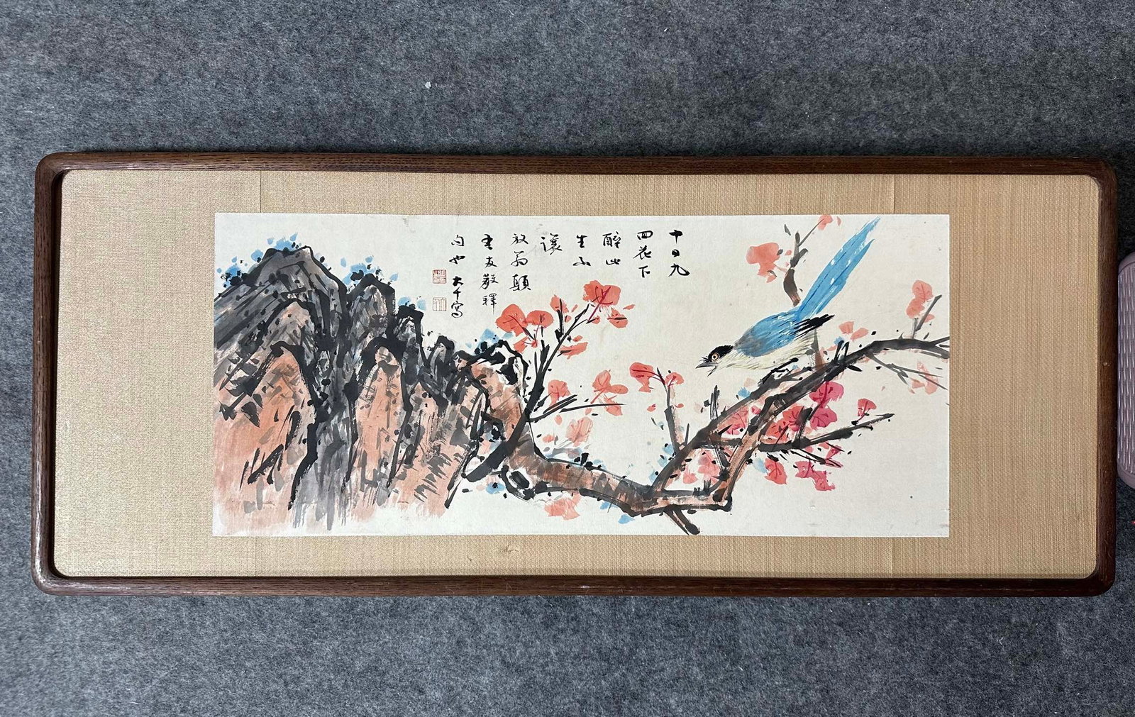 A Chinese Ink Painting of Flower and Bird on Paper With Frame,Zhang Daqian: A Chinese Ink Painting of Flower and Bird on Paper With Frame,Zhang Daqian,Without frame Size:13.6inx30.9in,(Frame)18.5inx45.3in 一幅中国水墨花鸟画