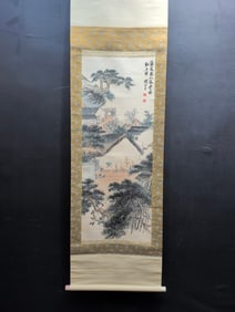 A Chinese Vertical Scroll Ink Painting of Landscape and Figure on Paper,Guan Shanyue