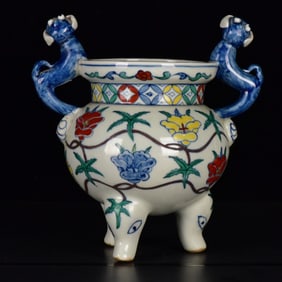 An Exquisite Doucai Flower Pattern Beast-Ears Tripod Censer