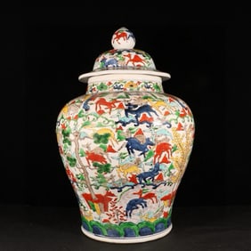 A Huge Wucai Landscape and Deer Pattern Cover Jar