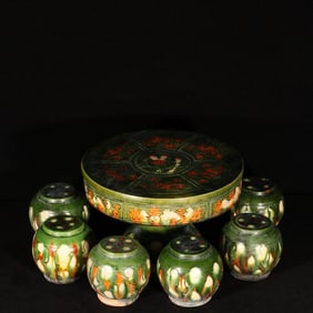 A Set of Fine Tri-Color Glazed Pottery Table and Stool