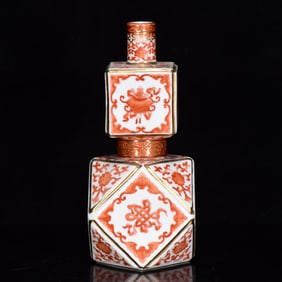 An Exquisite Iron-Red Glazed Painted Gold Lotus and Eight Treasures Pattern Gourd-Shaped Vase