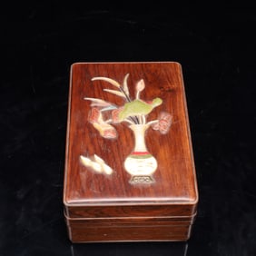 An Exquisite Huanghuali wood Inlaid Gems Flower Pattern Box with Cover