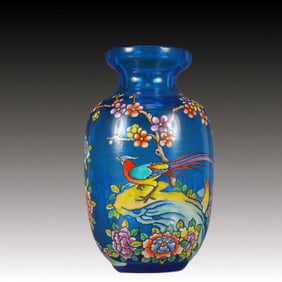 An Exquisite Blue Glass Painted Color Flower and Bird Pattern Vase