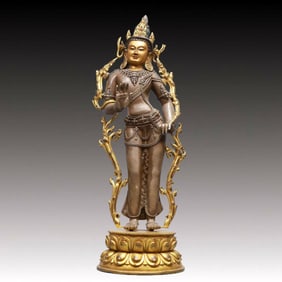 A Solemn Gilt Bronze Statue of Amitayus, Inlaid Gems, With Inscription