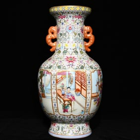 A Huge Famille-Rose Painted Gold Lotus and Figure Pattern Double-Ears Vase