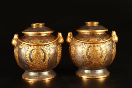 A Pair of Exquisite Gilt Bronze Buddha Statue Pattern Cover Jars