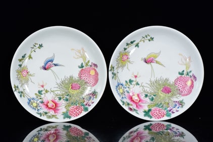 A Pair of Exquisite Famille-Rose Flower and Butterfly Pattern Plates