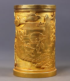 An Exquisite Gilt Bronze Figure Pattern Brush Pot