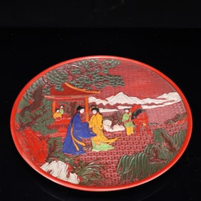 A Rare Carved Red Lacquer Painted Color Figure Pattern Plate