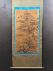 A Chinese Vertical Scroll Ink Painting of Landscape and Figure on Silk,Tang Yin