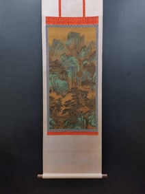A Chinese Vertical Scroll Ink Painting of Landscape and Figure on Silk,Guo Xi