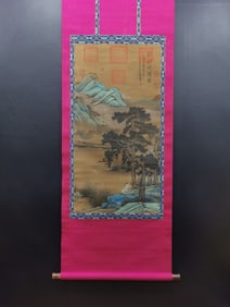 A Chinese Vertical Scroll Ink Painting of Landscape and Figure on Silk,Li Bai