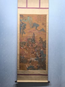 A Chinese Vertical Scroll Ink Painting of Landscape and Figure on Silk,Song Huizong