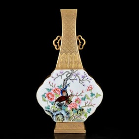 A Rare Enamel Gilt Shou-Character Flower and Bird Pattern Double-Ears Vase