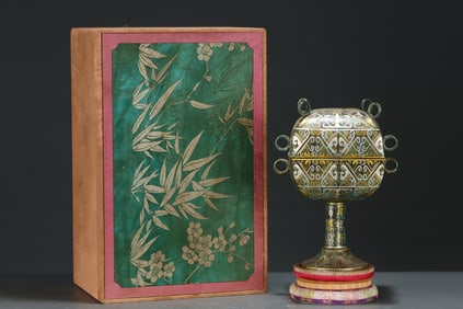 An Exquisite Bronze Inlaid Gold and Silver Stem Cover Jar,With Inscription