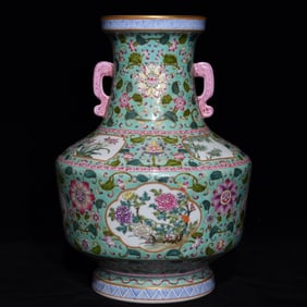 An Exquisite Famille-Rose Flower Pattern Double-Ears Vase