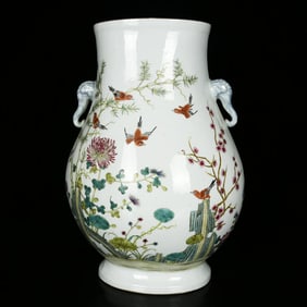 A Rare Enamel Flower and Bird Pattern Elephant-Ears Vase