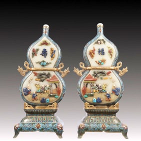 A Pair of Rare Cloisonne Inlaid Gems Figure Pattern Gourd-Shaped Table Screens,with poem