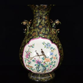 A Rare Ancient Bronze Glazed Famille-Rose Flower and Bird Pattern Beast-Ears Vase