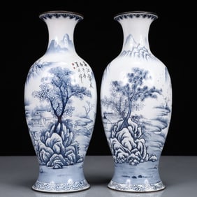 A Pair of Exquisite Painted Enamel Landscape and Figure Pattern Vases ,With Poem
