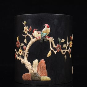 An Exquisite Zitanwood Inlaid Gems Flower and Bird Pattern Brush Pot