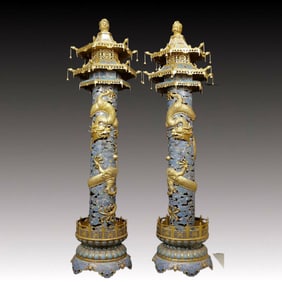 A Pair of Huge Cloisonne Dragon Pattern Pagoda-Shaped Censers