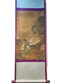 A Chinese Vertical Scroll Ink Painting of Landscape on Silk,Qiu Ying