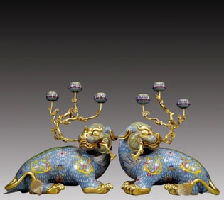 A Pair of Huge Cloisonne Lion Candlesticks