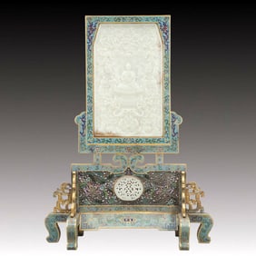 A Rare Cloisonne Inlaid White Jade Buddha Statue Pattern Table Screen,with an Imperial Poem by
