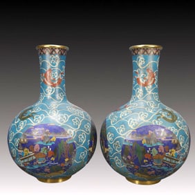 A Pair of Huge Cloisonne Landscape and Figure Pattern Vases