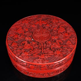 An Exquisite Carved Red Lacquer Bats and Peach Pattern Box with Cover