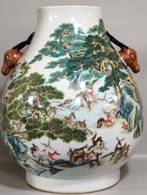 A Huge Famille-Rose Pine and Deer Pattern Deer-Ears Vase