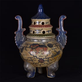 A Huge Blue and White Underglaze-Red Lion Pattern Double-Ears and Tripod Censer,With Poem