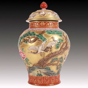 An Exquisite Enamel Gold Ground Pine and Crane Pattern Tea Caddy