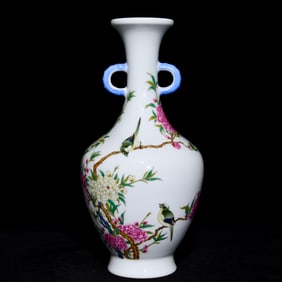 A Rare Enamel Flower and Bird Pattern Double-Ears Vase,With Poem