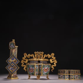 A Set of Fine Cloisonne Lotus Pattern Censer Lotus Pattern Vase Lotus Pattern Box