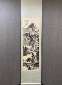 A Chinese Vertical Scroll Ink Painting of Landscape on Paper