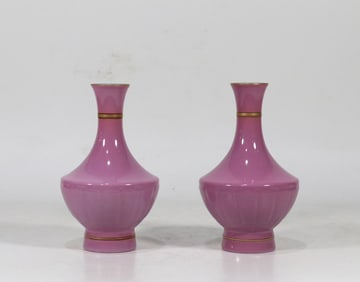 A Pair of Exquisite Ruby Red-Glazed Painted Gold Vase