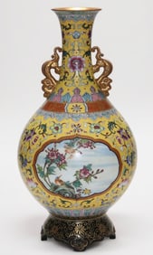 An Exquisite Enamel Yellow Glazed Lotus Pattern Flower and Bird Pattern Double-Ears Vase