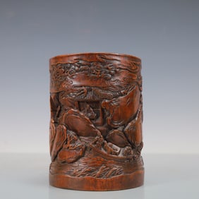 A Exquisite Zitanwood Landscape and Figure Pattern Brush Pot
