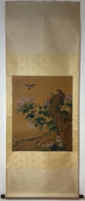 A Chinese Vertical Scroll Ink Painting of Flower and Bird on Silk
