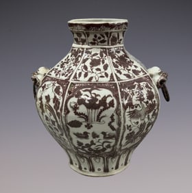 An Exquisite Blue and White Underglaze-Red Lotus Pattern Flower and Bird Pattern Double-Ears Jar