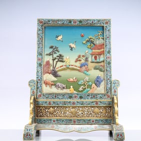 A Exquisite Cloisonne Inlaid Gems Lotus Pattern Character and Story Pattern Screen Ornament