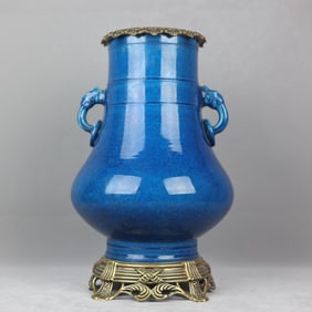 An Exquisite Blue Glazed Inlaid Bronze Double-Ears Vase