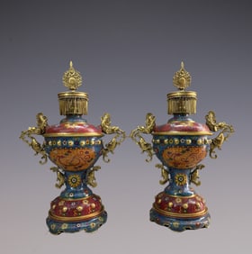 A Pair of Exquisite Cloisonne Lotus Pattern Double-Ears Censer
