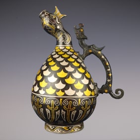 An Exquisite Bronze Inlaid Gold and Silver With Inscription Ewer