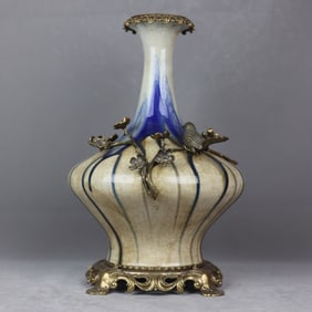 An Exquisite Flambe Glazed Inlaid Bronze Flower and Bird Pattern Vase