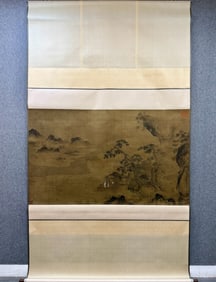 A Chinese Vertical Scroll Ink Painting of Landscape and Figure on Silk